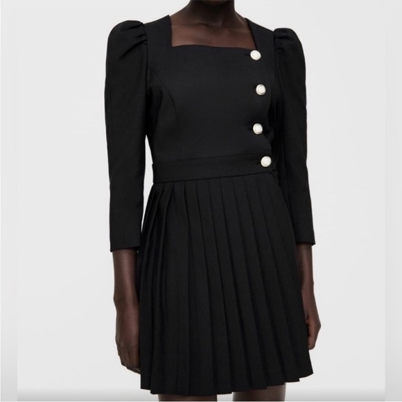 Zara Black Mini Dress with Pleated Skirt and Button Accents - Picture 1 of 6